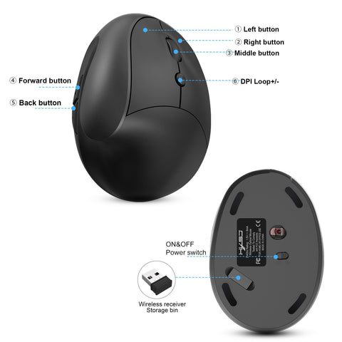 HXSJ X10 2.4G Wireless Vertical Mouse Ergonomic Mice 3-gear Adjustable DPI Built-in 600mAh Rechargeable Lithium Battery Black