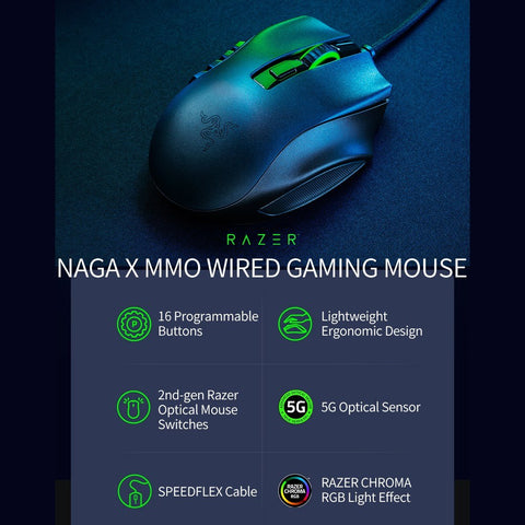 Razer Naga X MMO Wired RGB Gaming Mouse Lightweight Mouse with 2nd-gen Razer Optical Mouse Switch 16 Programmable Buttons