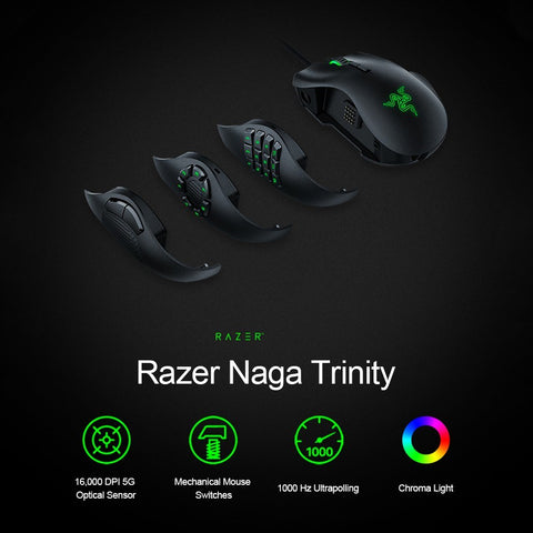 Razer Naga Trinity Gaming Mouse Wired Mice 16,000 DPI Optical Sensor Chroma RGB Lighting Replaceable Side Plate 2/7/12 Button Configurations Mechanical Switches