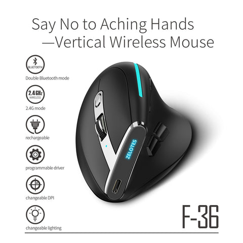 ZELOTES F-36 Wireless vertical 2.4G Bluetooth mouse full color light 8 key programming five DPI game mouse built-in 730mah lithium battery Black