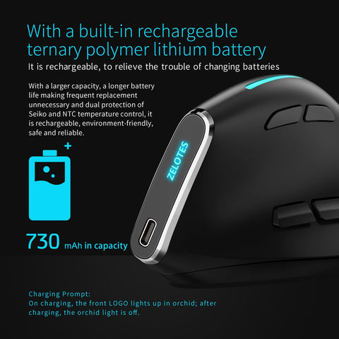 ZELOTES F-36 Wireless vertical 2.4G Bluetooth mouse full color light 8 key programming five DPI game mouse built-in 730mah lithium battery Black