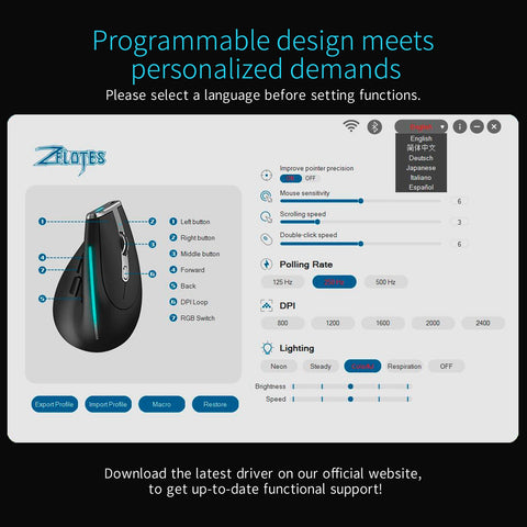 ZELOTES F-36 Wireless vertical 2.4G Bluetooth mouse full color light 8 key programming five DPI game mouse built-in 730mah lithium battery Black