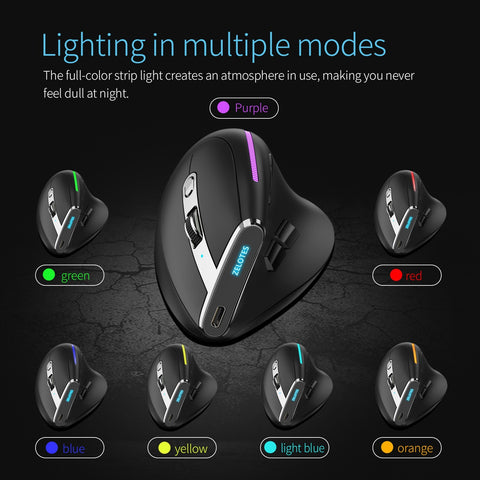 ZELOTES F-36 Wireless vertical 2.4G Bluetooth mouse full color light 8 key programming five DPI game mouse built-in 730mah lithium battery Black