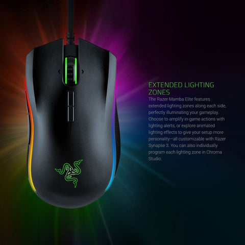 Razer Mamba Elite Wired Gaming Mouse Chroma Lighting 16000 DPI 5G Optical Sensor 9 Programmable Buttons Ergonomic Design