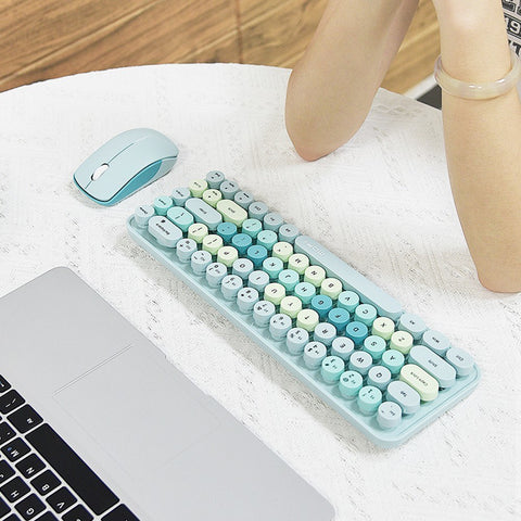 Mofii 2.4G Wireless Keyboard Mouse Combo 68 Keys Retro Round Keyboard Ergonomic Mouse Suitable for Desktop PC Laptop Devices 3-gear Adjustable DPI Green