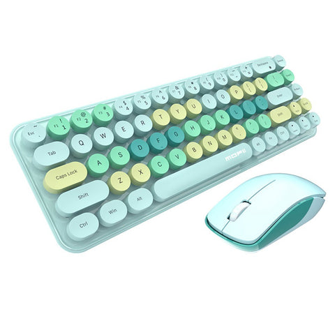 Mofii 2.4G Wireless Keyboard Mouse Combo 68 Keys Retro Round Keyboard Ergonomic Mouse Suitable for Desktop PC Laptop Devices 3-gear Adjustable DPI Green