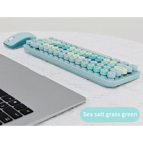 Mofii 2.4G Wireless Keyboard Mouse Combo 68 Keys Retro Round Keyboard Ergonomic Mouse Suitable for Desktop PC Laptop Devices 3-gear Adjustable DPI Green