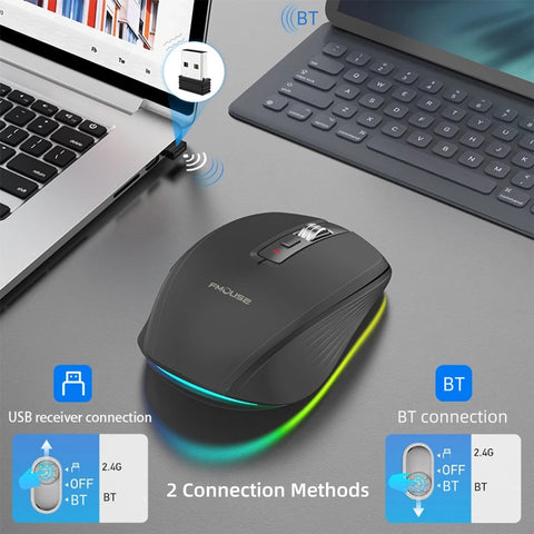 2.4G+BT5.1 Dual-mode Wireless Mouse Computer Gaming Mice Ergonomic Design 4-gear   Adjustable DPI Built-in Rechargeable Battery for Laptop