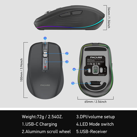 2.4G+BT5.1 Dual-mode Wireless Mouse Computer Gaming Mice Ergonomic Design 4-gear   Adjustable DPI Built-in Rechargeable Battery for Laptop