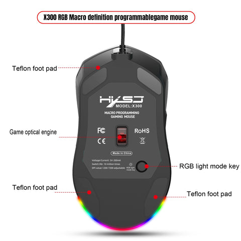 HXSJ X300 RGB Gaming Mouse Backlit Wired Ergonomic 6 Button Programmable Mouse with Macro Recording & wheel speed Set 7200 DPI for Windows PC (Black)