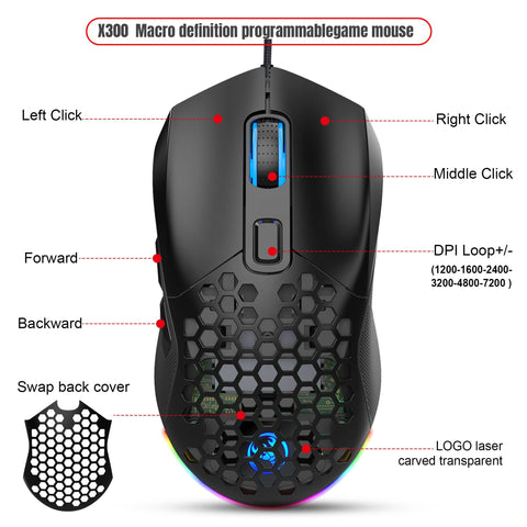 HXSJ X300 RGB Gaming Mouse Backlit Wired Ergonomic 6 Button Programmable Mouse with Macro Recording & wheel speed Set 7200 DPI for Windows PC (Black)