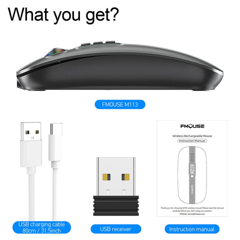 FMOUSE M113 Mouse 2.4G Wireless BT5.1 Slim Rechargeable Slience Mouse for PC Computer Notebook with USB Receiver 2400 DPI Adjustable Level