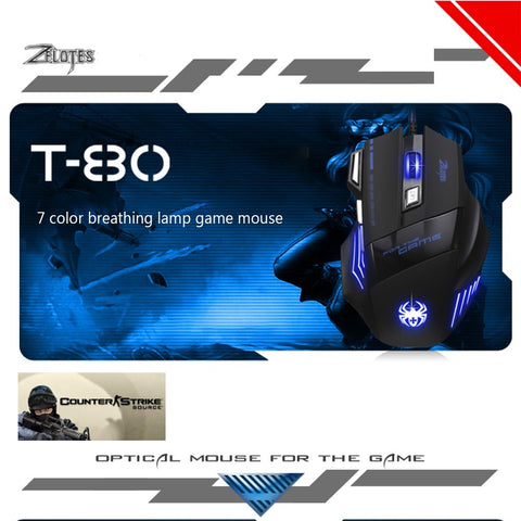 ZELOTES T-80 Gaming Mouse 7200 DPI Backlight Multi Color LED Optical 7 Button Mouse Gamer USB Wired Gaming Mouse for Pro Gamer
