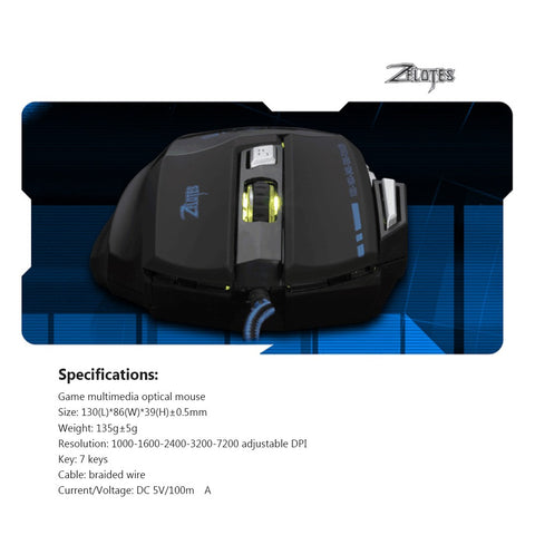 ZELOTES T-80 Gaming Mouse 7200 DPI Backlight Multi Color LED Optical 7 Button Mouse Gamer USB Wired Gaming Mouse for Pro Gamer