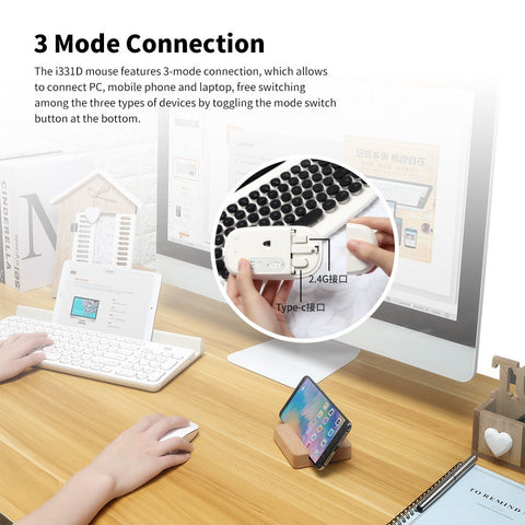 FD i331D 3 Mode 2000DPI Rechargeable Adjustable Mouse Wireless Mice with 2.4G USB Type C Bluetooth 4.0 Black