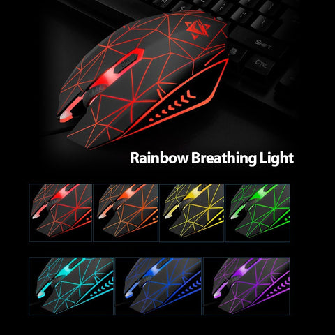 USB Wired Gaming Keyboard and Mouse Combo Waterproof Rainbow Backlit 2000DPI for Home Office