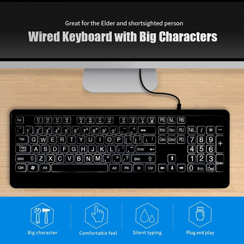 Wired Large Print Keyboard White Bold Jumbo Letters Silent Backlit Keyboard with Oversized Characters 104 Keys for The Elder and People with Bad Eye Sight and Vision Ailment