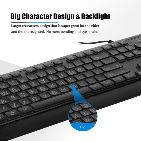 Wired Large Print Keyboard White Bold Jumbo Letters Silent Backlit Keyboard with Oversized Characters 104 Keys for The Elder and People with Bad Eye Sight and Vision Ailment