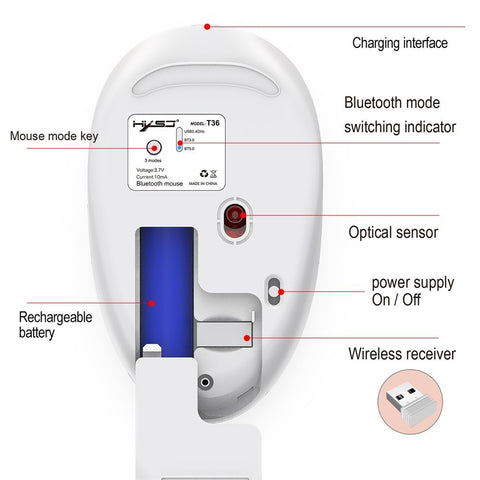 HXSJ T36 Three Mode BT 3.0 + 5.0 + 2.4G Wireless Mouse Silm Silent Design Rechargeable Optical Mouse For iPad PC Laptop