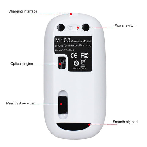 M103 Rechargeable Wireless Mouse 2.4G Wireless Mouse Ultra-thin Mute Mouse 3 Adjustable DPI Built-in 500mAh Battery White