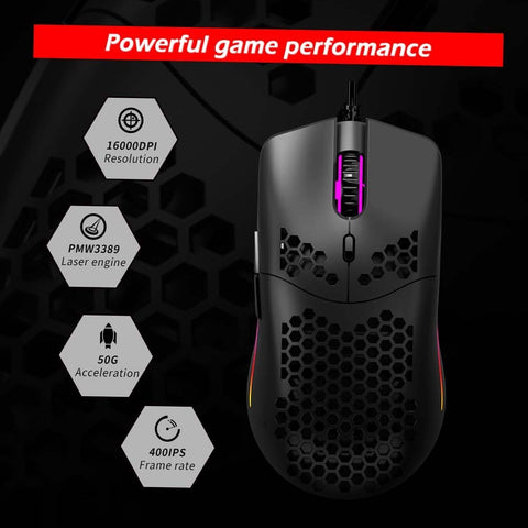 ZELOTES C-7 USB Wired Mouse RGB Gaming Mouse 16000DPI Computer Game Mice Hollowed-out Honeycomb Design for PC Laptop Black