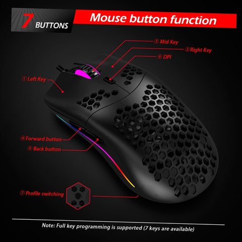 ZELOTES C-7 USB Wired Mouse RGB Gaming Mouse 16000DPI Computer Game Mice Hollowed-out Honeycomb Design for PC Laptop Black