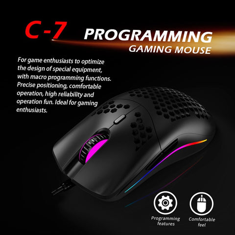ZELOTES C-7 USB Wired Mouse RGB Gaming Mouse 16000DPI Computer Game Mice Hollowed-out Honeycomb Design for PC Laptop Black