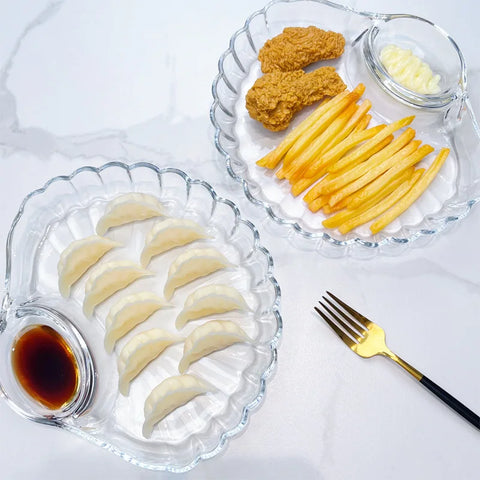 Glass Dumpling Plate with Vinegar Plate, Fat Reducing and Dining Plate, Household Fan-shaped Shell Dumpling Plate, Dipping Plate