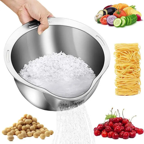 Stainless Steel Rice Washer Strainer Bowl Multifunctional Rice Panning Strainer Basket Sink Drain Thicken Large Rice Washer Bowl