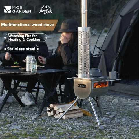 MOBI GARDEN 403 Stainless Steel Firewood Stove Outdoor Camping Cookware Portable Multi-Functional Heating Stove Free Smoke Pipe